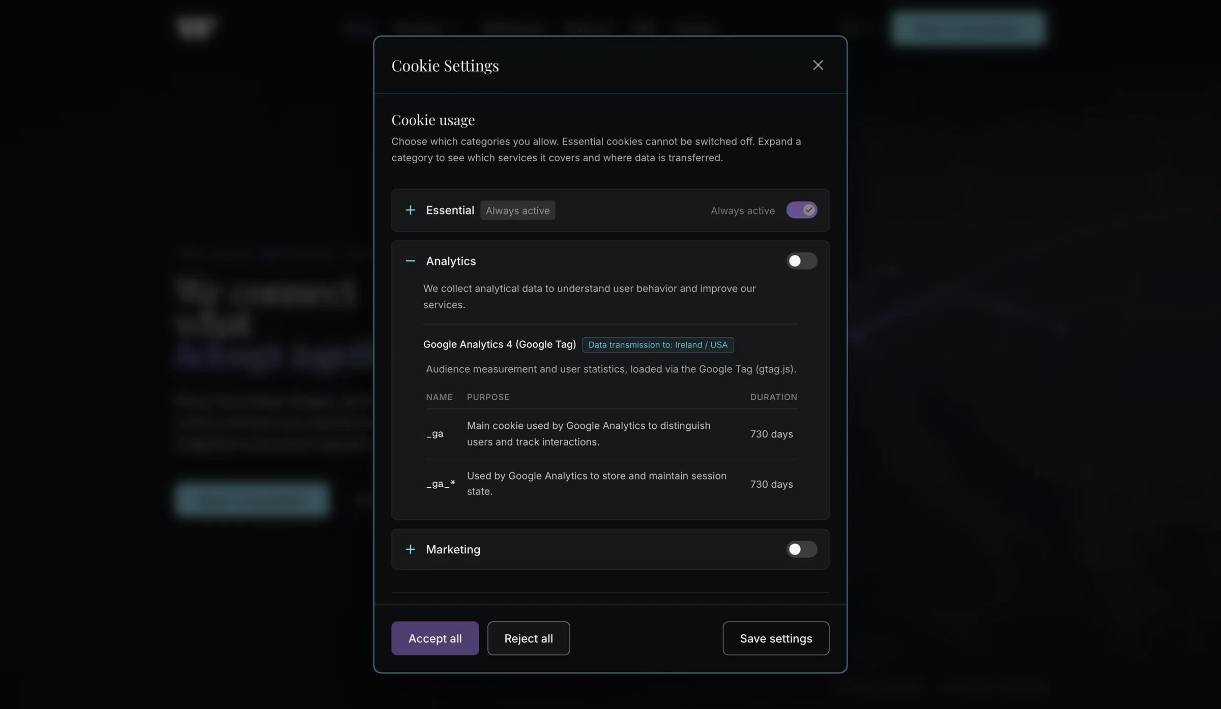 Settings dialog showing the consent categories