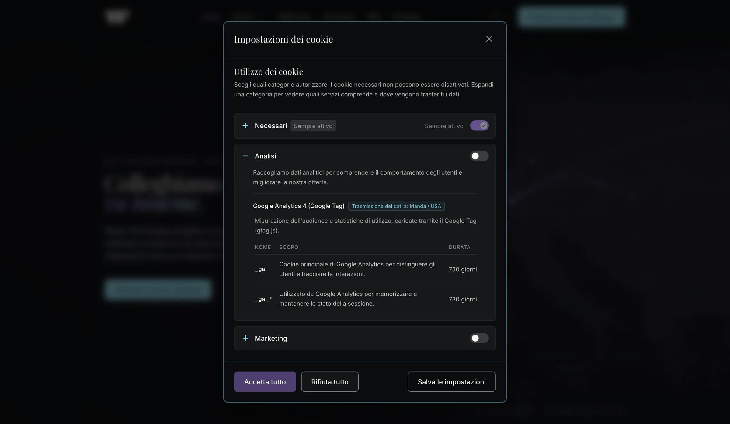 Finestra delle impostazioni con le categorie di consenso